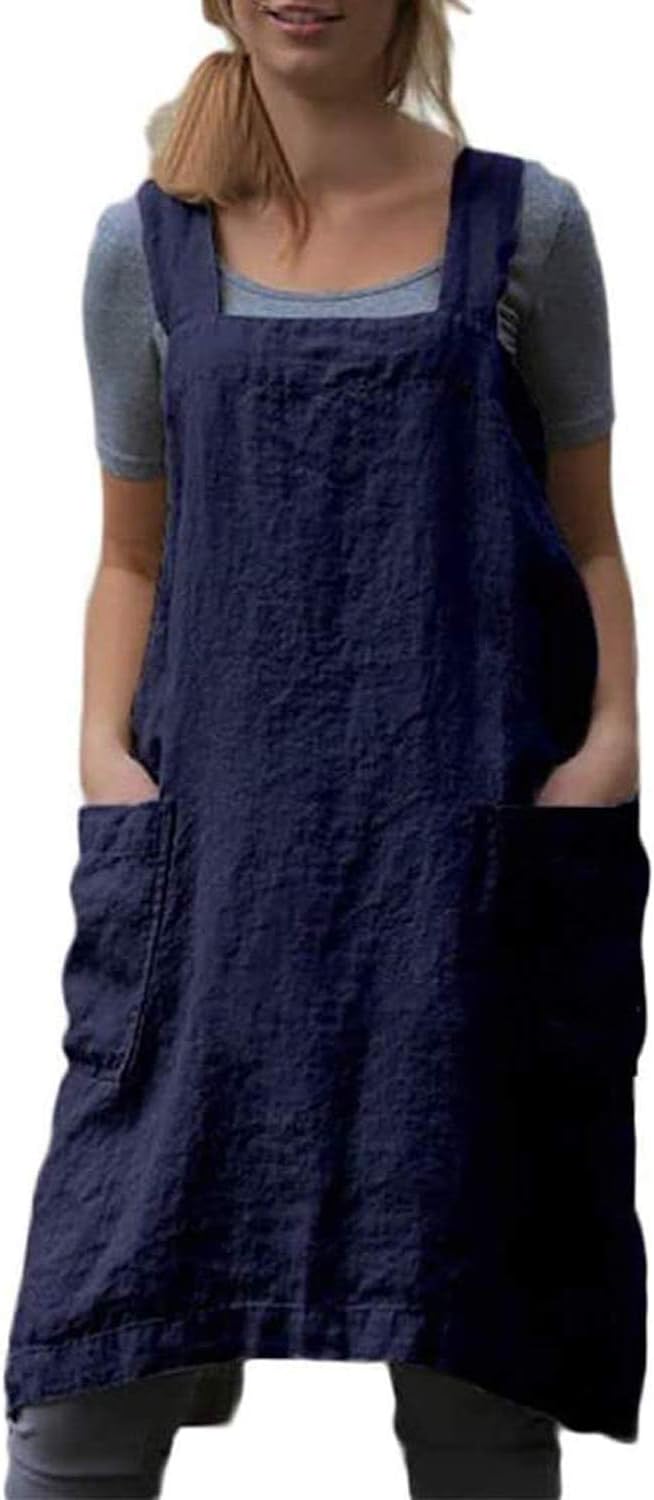 YESDOOD Cotton Linen Apron Cross Back Apron for Womens with Pockets Pinafore Dress for Baking Cooking