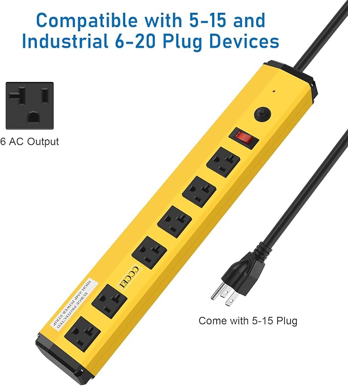 CCCEI Heavy Duty Power Strip Surge Protector 20 Amp, High Amp Industrial Shop Garage Metal Multiple Outlets, 6 FT 12 Gauge 5-15P Extension Cord 6 Outlet 6-20R T-Slot 20a for Appliance, Yellow.