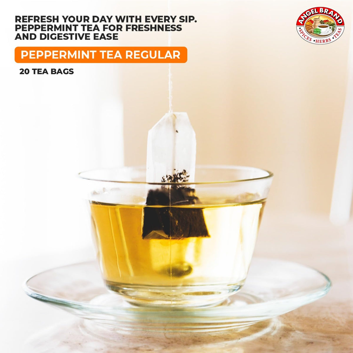 Angel Brand Peppermint Tea Bags 20 – Pack of 3 – Pure Caffeine-Free Herbal Mint Tea for Relaxation and Fresh Breath Made with Pure Peppermint for a Delightful Sip Every Time.