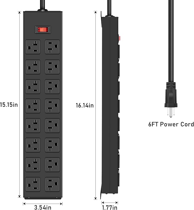 JUNNUJ Heavy Duty 20 Amp Power Strip with Surge Protection 3000J, Garage 16 Outlets Metal 12 Gauge, Desk Strips Wide Spaced, High Amp 5-15P Adapter Shop 6-20R T-Slot Industrial Outlets (16AC, 6FT)