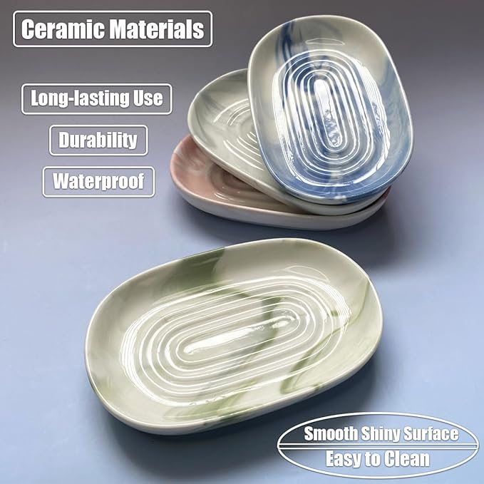 Soap Dish Ceramic, Decorative Ceramic Soap Holder with Unique Marble Textures, Bar Soap Holder for Shower, Bathroom, Kitchen, Tubs, Sink, Hotels, Counters (Green Texture)