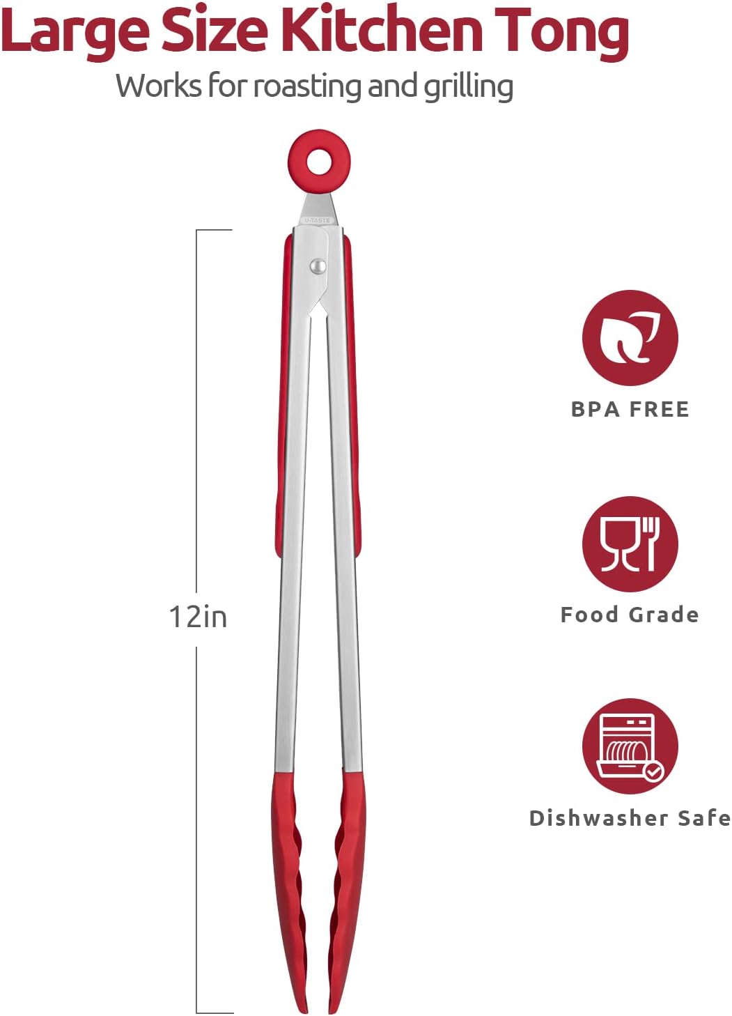 Heat Resistant Silicone Kitchen Tong: U-Taste 12 inch Large 480ºF Hot Proof Cooking Tong with Sturdy Non Stick Rubber Tips & Silicon Coated Steel Handle & Smooth Locking for Serving Grill Salad (Red)