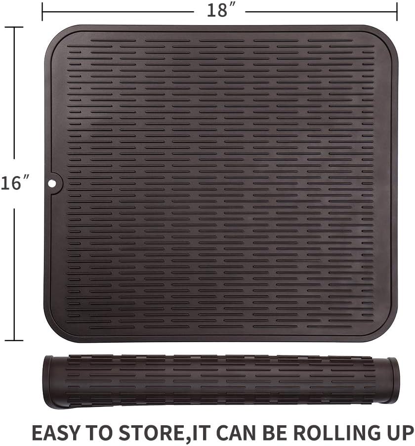 Silicone Dish Drying Mat for Multiple Usage,Easy clean,Eco-friendly,Heat-resistant Silicone Mat for Kitchen Counter or Sink,Refrigerator or Drawer Liner Coffee XL 18 inches x 16 inches