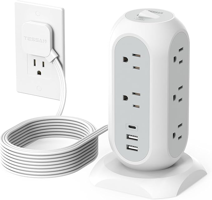 Surge Protector Power Strip Tower 10 Ft, TESSAN Flat Plug Extension Cord with 11 AC Outlets 3 USB Ports (1 USB C), 1050J Protection Charging Station for Home, Office Supplies, Dorm Room Essentials