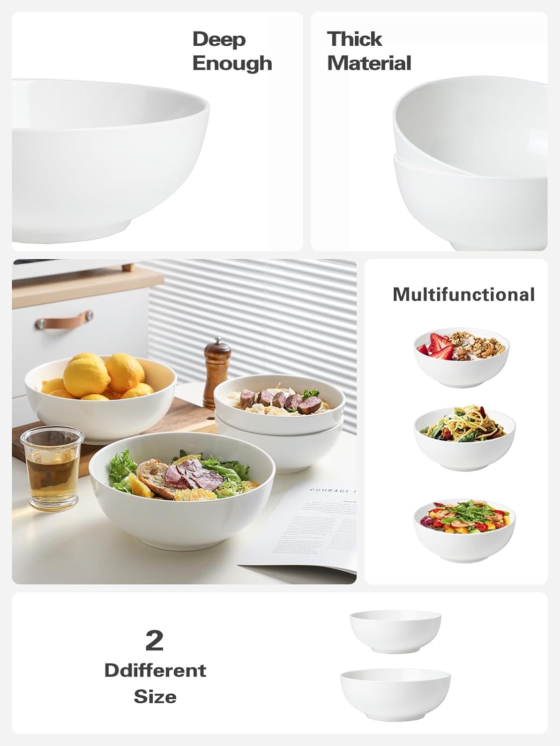 Kanwone Large Serving Bowls - 55 Ounce, Porcelain Salad Bowls, Pasta, Ceramic Soup Bowls, Set of 2, Serving Dishes for Entertaining, Housewarming Gift, Microwave and Dishwasher Safe, White
