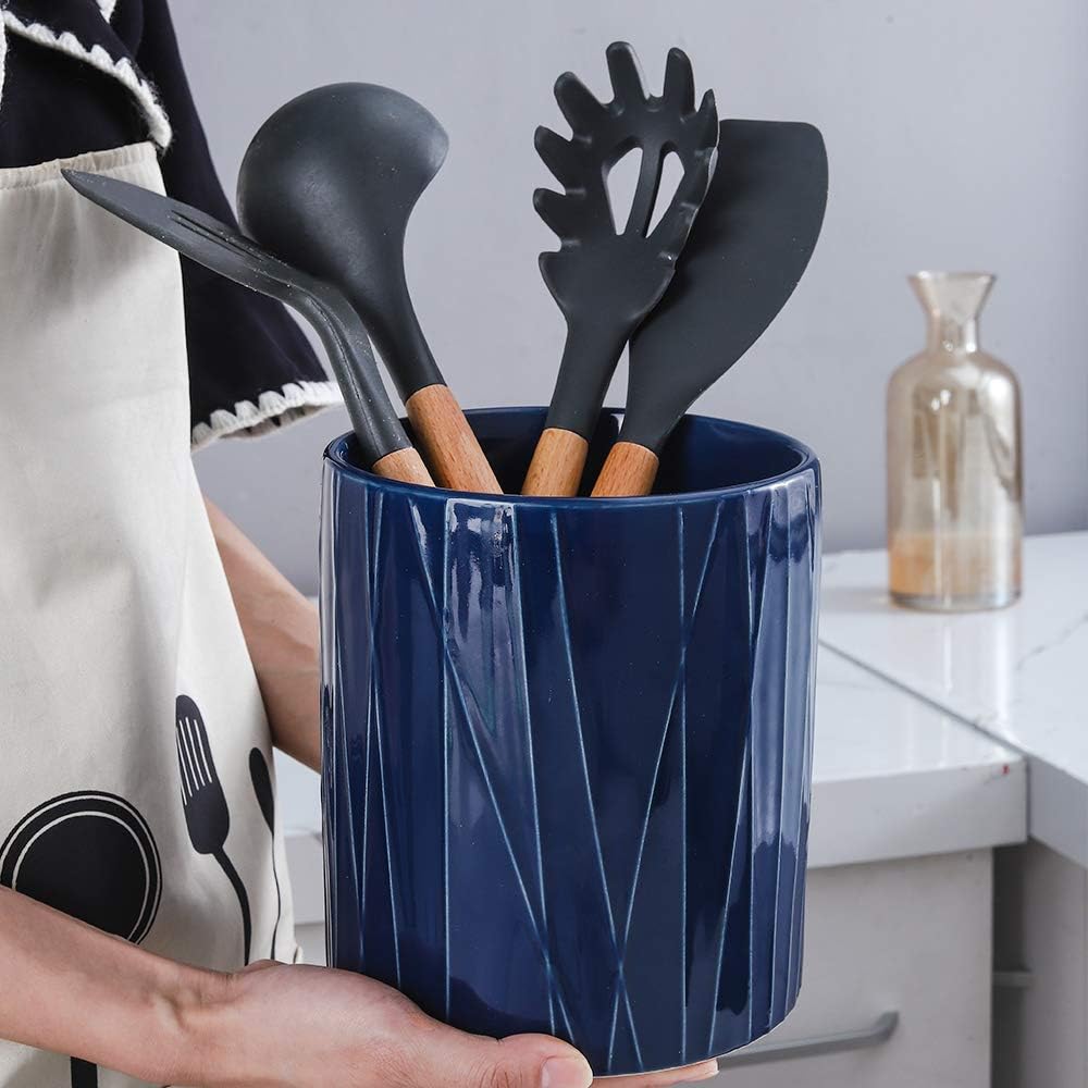 KOOV Kitchen Utensil Holder, Large Ceramic Utensil Crock, Deep and Stable, Containers for Household or Kitchen Use (Aegean)