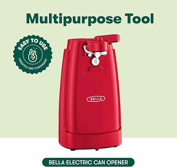 BELLA Electric Can Opener and Knife Sharpener, Multifunctional Jar and Bottle Opener with Removable Cutting Lever and Cord Storage, Stainless Steel Blade, Red