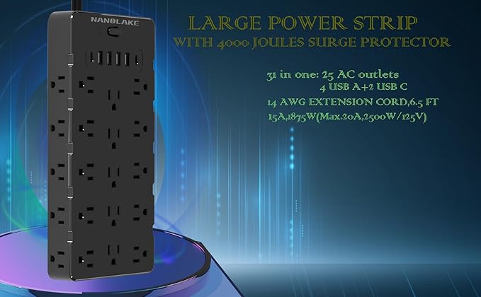 Heavy Duty Surge Protector Power Strip - 25 AC Outlets, 6 USB Ports, 4000J Protection, 6.5ft 14AWG Extension Cord, Flat Plug, Mountable,ETL Listed