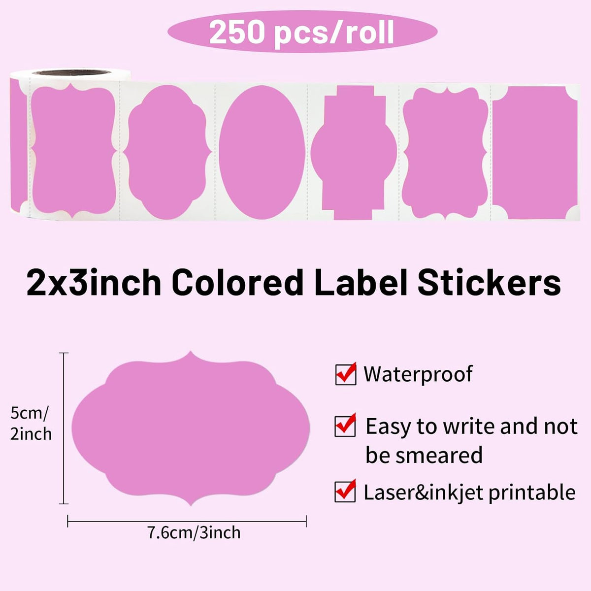 Pink Labels, 250 PCS 3" x 2" Fancy Shape Stickers for Storage Box, Food Jars, Holiday Presents Tags