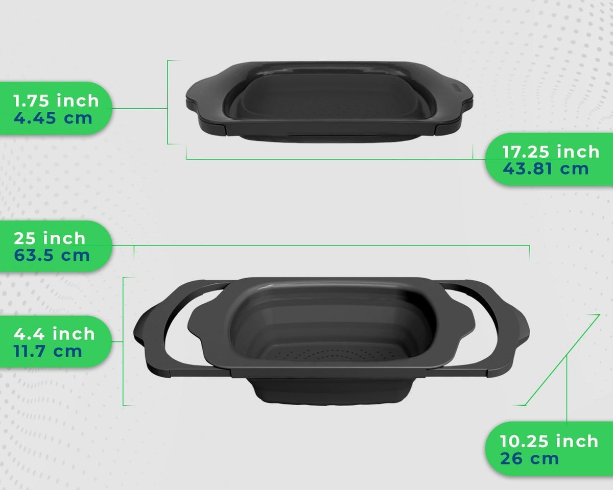 Sleek Black Over-The-Sink (OTS) Colander with Convenient Handles - Space-Saving Kitchen Strainer for Pasta, Vegetables, and Fruits - Elevate Your Kitchen Organization