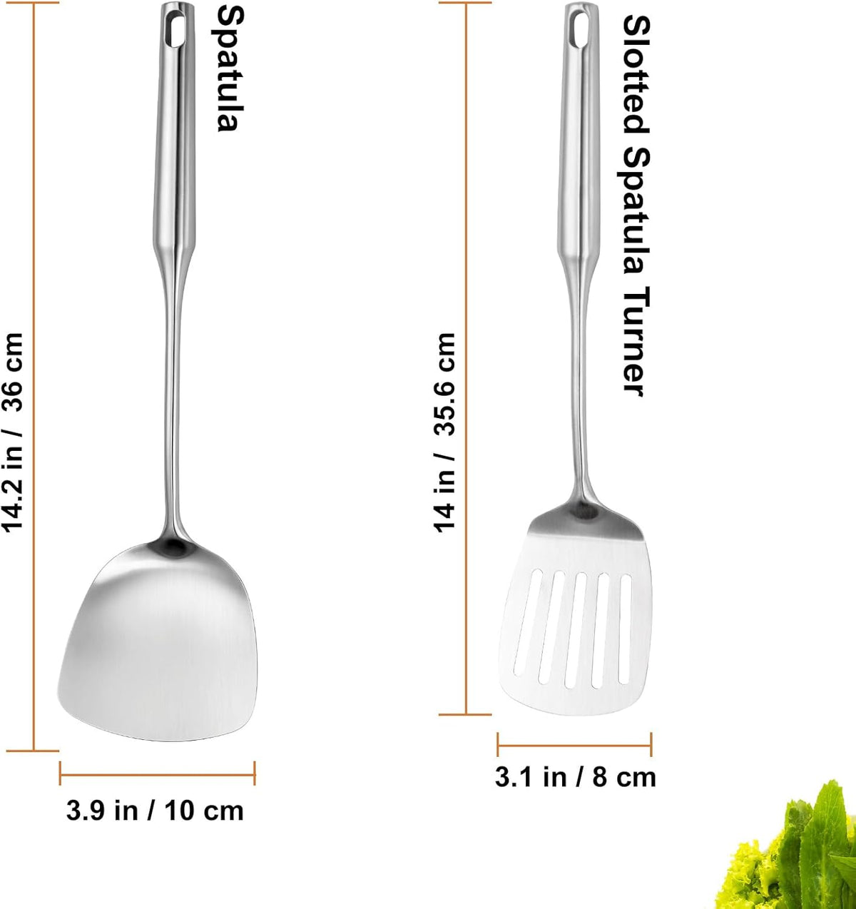 304 Stainlss Steel Kitchen Utensils Set, 2 Pcs Long Metal Utensils Set with spatula, slotted spatula turner (Dishwasher Safe)
