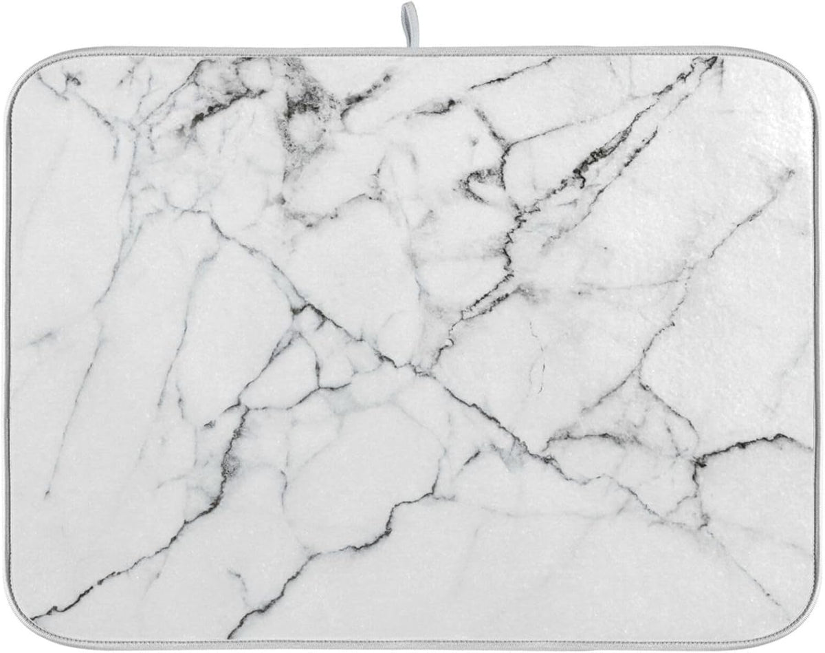 White Grey Marble Dish Drying Mat for Kitchen Counter Absorbent Microfiber Drying Pad, Large 18x24 in, Reversible Drainer Mats
