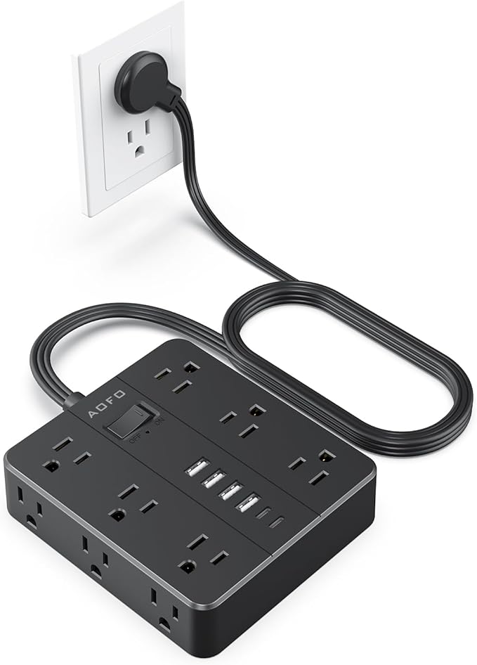 Flat Plug Power Strip, AOFO 5 Ft Extension Cord with 12 Outlets & 6 USB Ports (4 USB-A, 2 USB-C), Surge Protector, Ideal for Home, Office, Dorm, Large Spaces, Reliable and Safe, Black