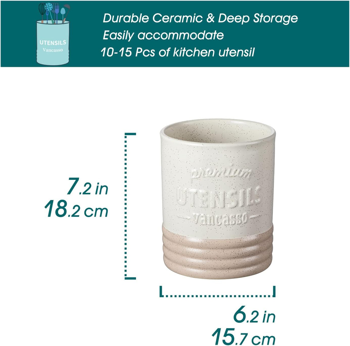 vancasso Sabine Utensil Holder, 7.2" Large Utensil Crock for Kitchen Counter, Ceramic Utensil Crock Storage, Matte Cream-Colored Farmhouse Utensil Organizer, Utensil Storage for Home Décor, Gifts