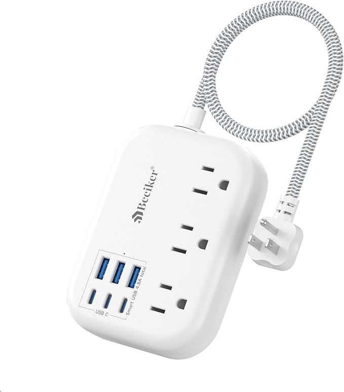 Short Extension Cord 1 Ft- 6 USB(3 USB C) Travel Power Strip with 24W USB Charging Station and 3 Outlets, 1Ft Small Flat Plug Extension Cord Surge Protector for Travel Home College Dorm 1625W