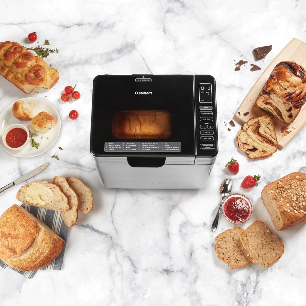 Cuisinart Convection Bread Maker Machine-16 Menu Options, 3 Loaf Sizes up to 2lbs, 3 Crust Colors-Includes Measuring Cup + Spoon & Kneading Hook, CBK-210, 12.25" x 8.85" x 13", Stainless Steel