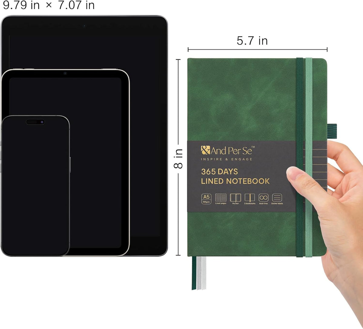 &And Per Se Lined Journal Notebook, 365 Pages, A5, 5.7'' x 8'' 100GSM Thick Paper, Journals for Writing, Hardcover Notebooks for Women Men (Green)