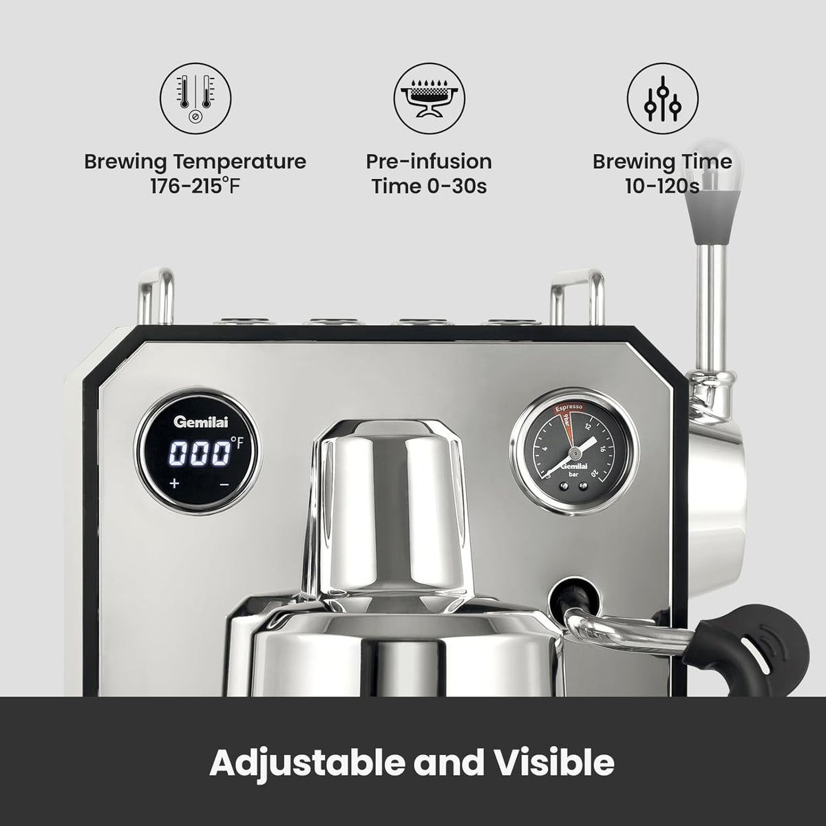 Owl Espresso Machine, 15 Bar Professional Semi-Automatic Espresso Maker with Milk Frother Steam Wand & 57oz Removable Water Tank, Dual Display, for Cappuccino, Latte, G3006, Stainless Steel