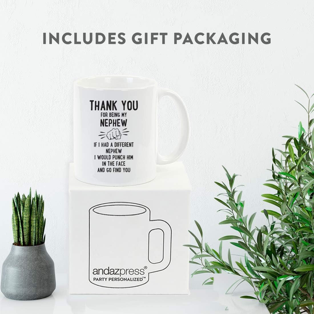 Andaz Press Funny Family 11oz. Coffee Mug Gift, Thank You for Being My Nephew, Punch in Face, 1-Pack, Christmas Birthday Drinking Cup Present Ideas