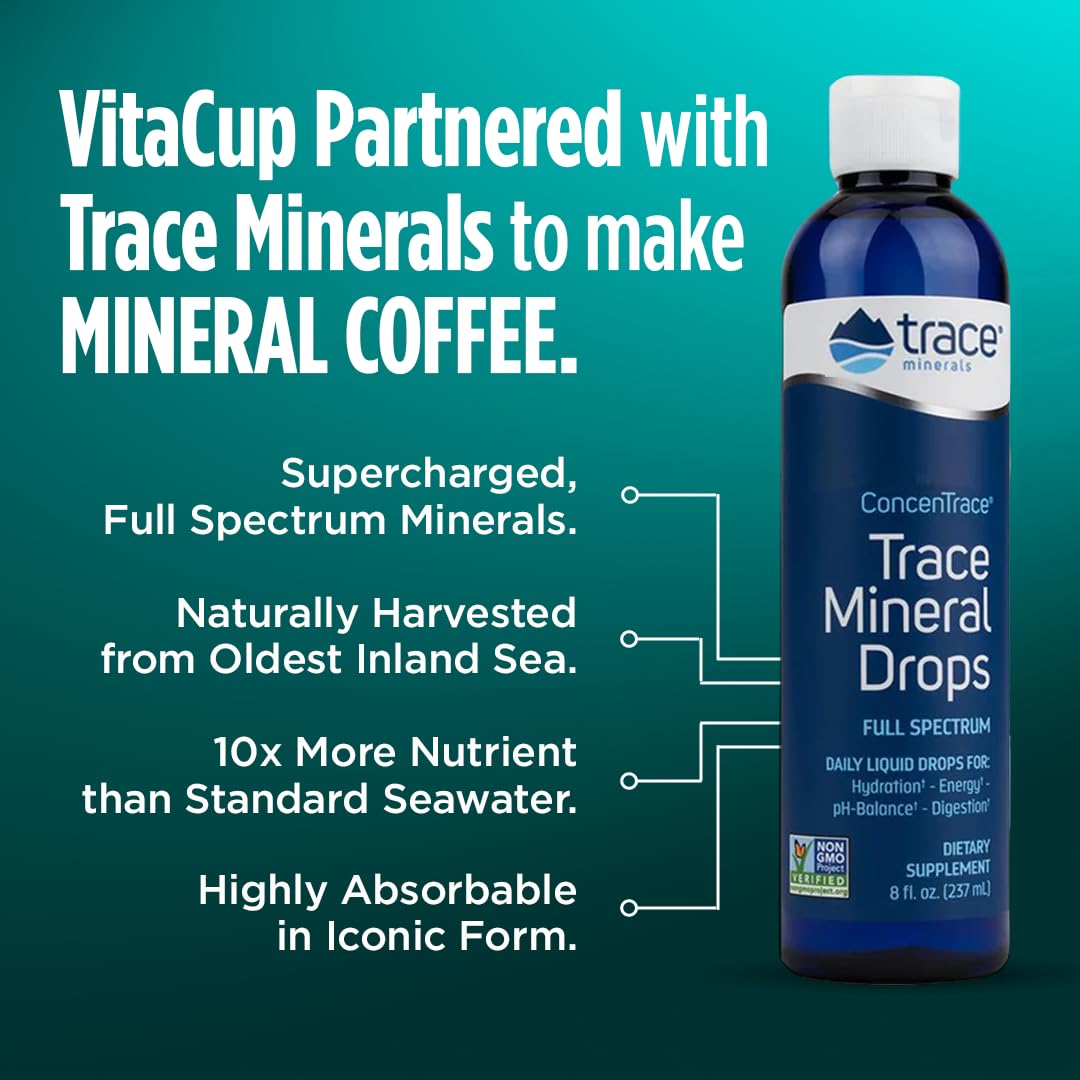 VitaCup Mineral Coffee Pods with Trace Minerals, Hydrate, Replenish & Restore, Sea Minerals, Electrolytes, Organic Coffee, Medium Dark Roast, Single Serve Pod Compatible with Keurig K-Cup Brewers,32Ct