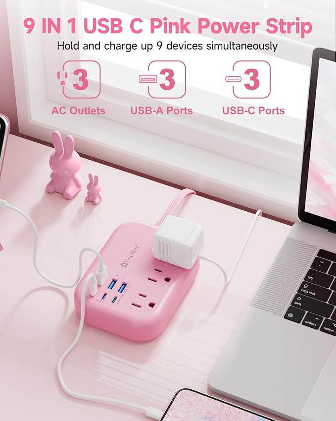 6 USB(3 USB C) Pink Power Strip- 5Ft Pink Extension Cord with 6 USB Charging Station 24W/4.8A and 3 Outlets, Pink Desk Accessories for Cruise Travel Pink Cute Kawaii College Dorm Desk Home Essentials