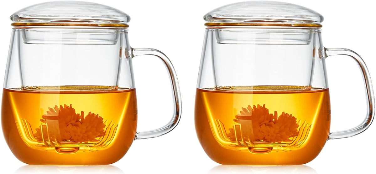 Glass Teacups 2 Pack Glass Tea Cup with Infuser and Lid, 17.6oz/520ml Large Borosilicate Teacup,Tea Clear Mug Cup for Loose Leaf Blooming Tea, Microwave & Dishwasher Safe