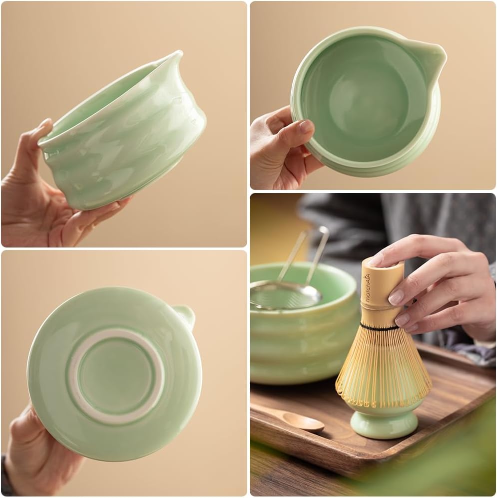 7 Pcs Matcha Set - Ceramic Bowl, Bamboo Whisk with Holder, Sifter, Schima Spoon, Spoon Rest and Tea Towel, Complete Kit for Traditional Matcha and Modern Lattes (Green)