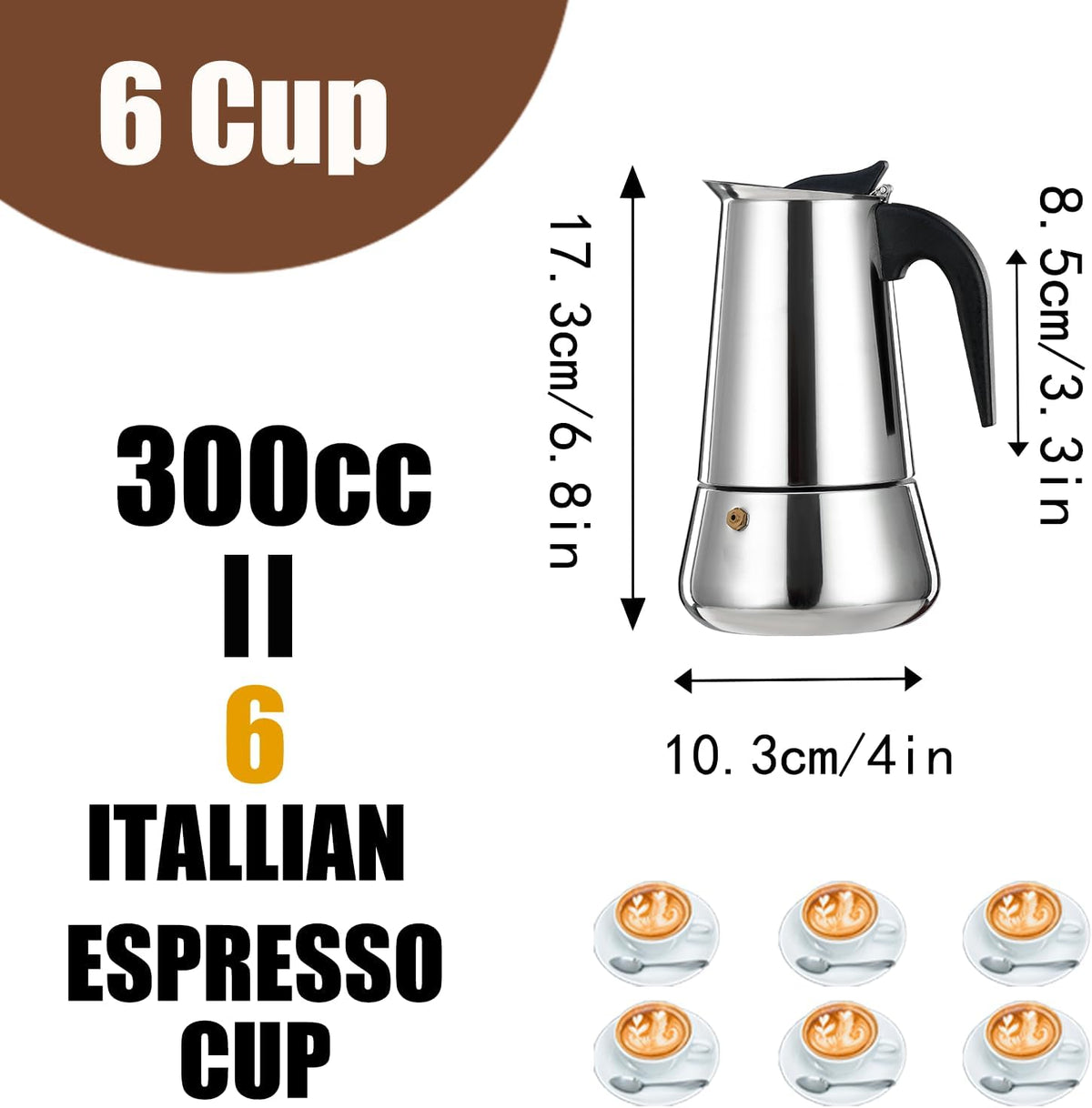 6 Cup Stovetop Espresso Maker Stainless Steel Moka Pot Stove Top Percolator Italian Coffee Makers Capable Mocha Greca Machine Cafe Classic Induction Cookers for Home and Camping 300ml 10oz
