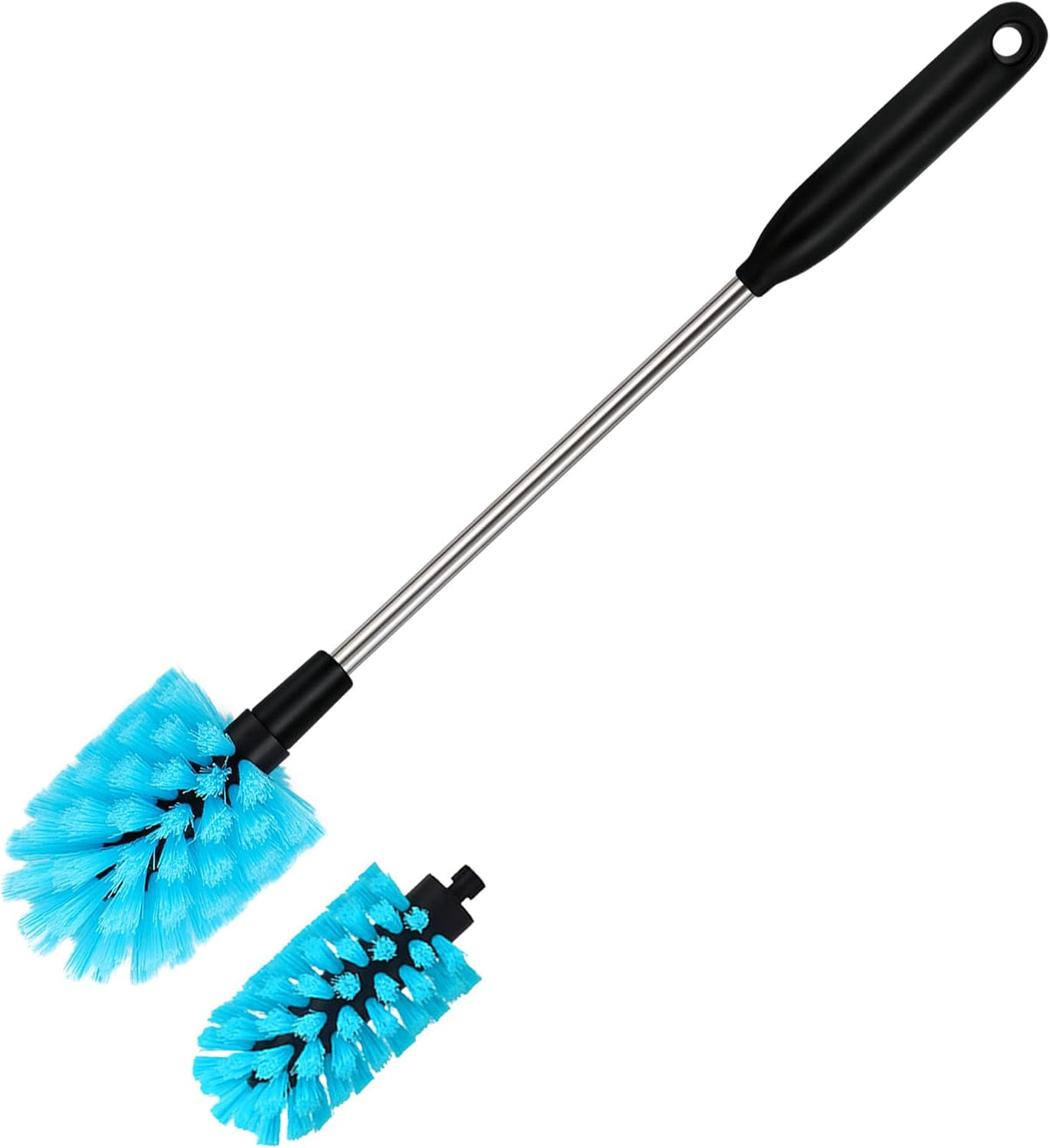 2-in-1 Stainless Steel Long Handled Water Bottle Brush, Multi-Purpose Bottle Scrubbing Brush, Soft Bottle Brush, Glassware Brush, Water Bottle Cleaner with Removable and Replaceable Brush Heads 15 in