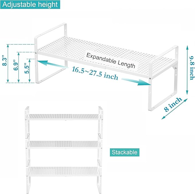 iPEGTOP Expandable Cabinet Storage Shelf Organizer Rack, Heavy Duty Stackable Steel Metal Spice Rack Adjustable Height Pantry Garage Shelf for Counter Kitchen Organization, White - 2 Pack
