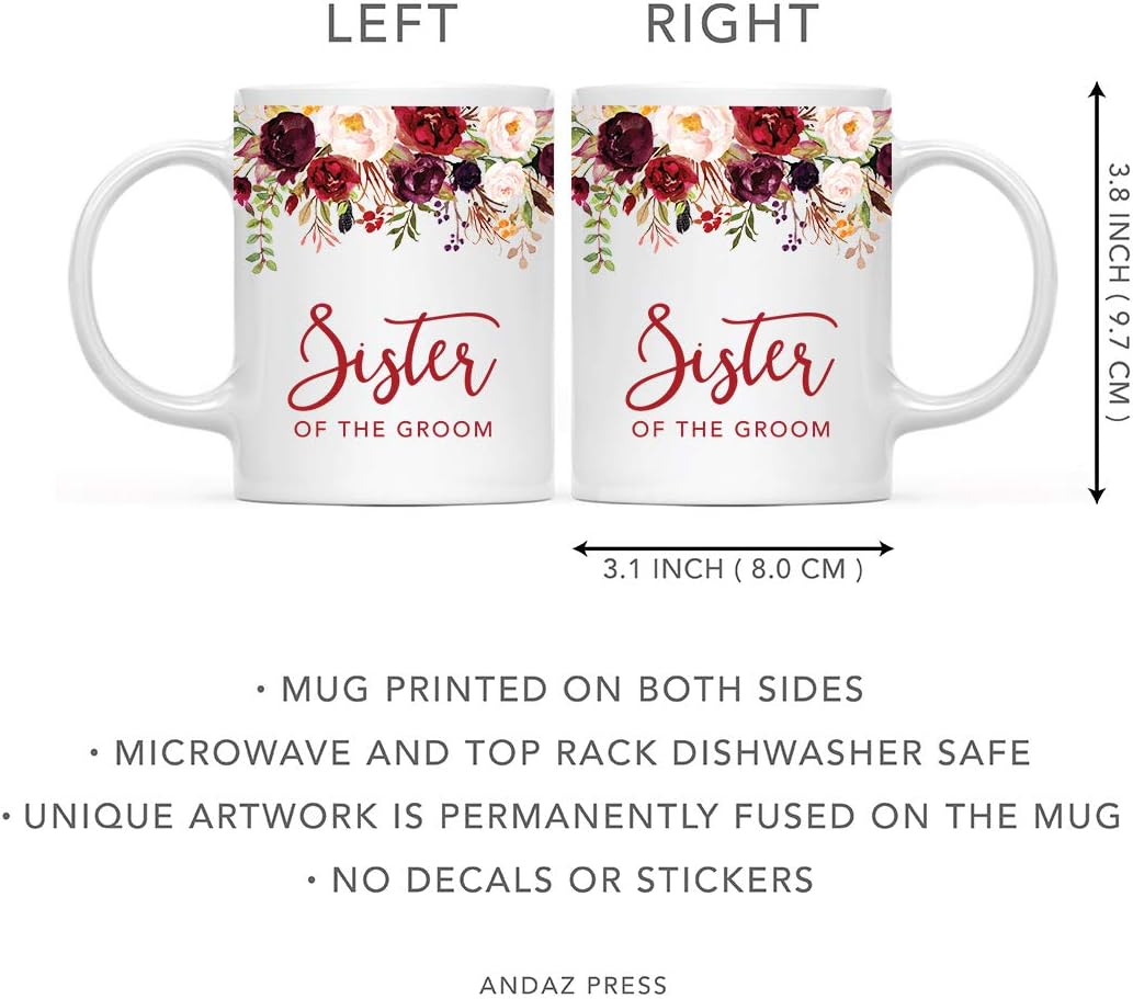 Andaz Press 11oz. Wedding Ceramic Coffee Tea Mug Gift, Fall Autumn Marsala Burgundy Flowers Roses Florals, Sister of the Groom, 1-Pack, Includes Gift Box