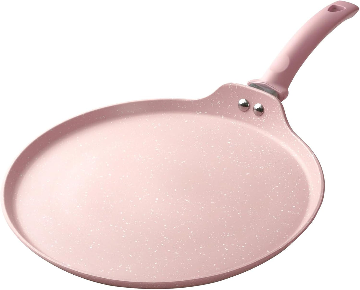 11 inch Nonstick Crepe Pan, Granite Coating Flat Skillet Dosa Tawa Tortilla Pan, Pink Large Pancake Griddle Comal Pan, Compatible with All Stovetops, PFOA Free
