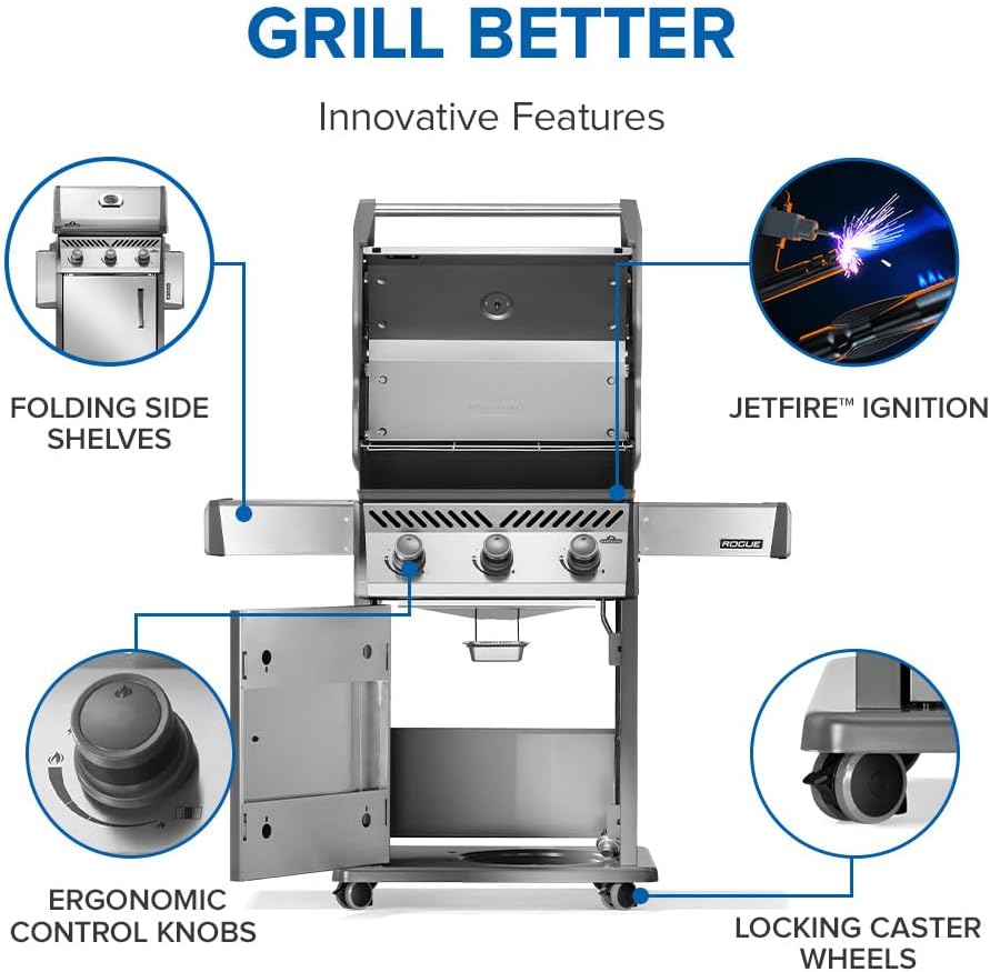 Napoleon Rogue 425 Natural Gas Grill, Stainless Steel, Durable 3-Burner Gas BBQ