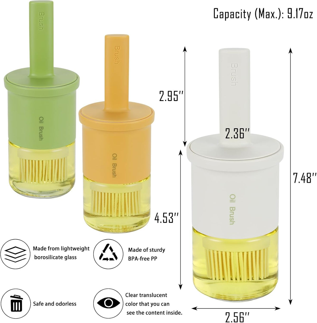 3 Pack Oil Bottle With Brush 300ml/10oz - Glass Oil Dispenser for Kitchen Cooking, BBQ Sauce, Vinegar - Basting Bottle With Silicone Brush