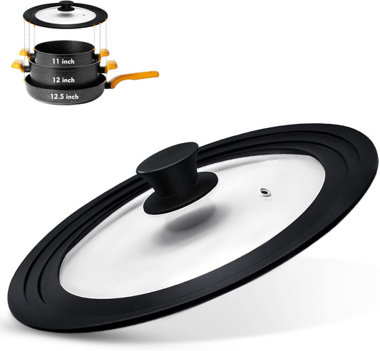 Universal Lid for Pots, Pans and Skillets, Pot Lid With Heat Resistant Silicone Rim and Tempered Glass, Fits 11", 12", 12.5" Diameter Pots and Pans