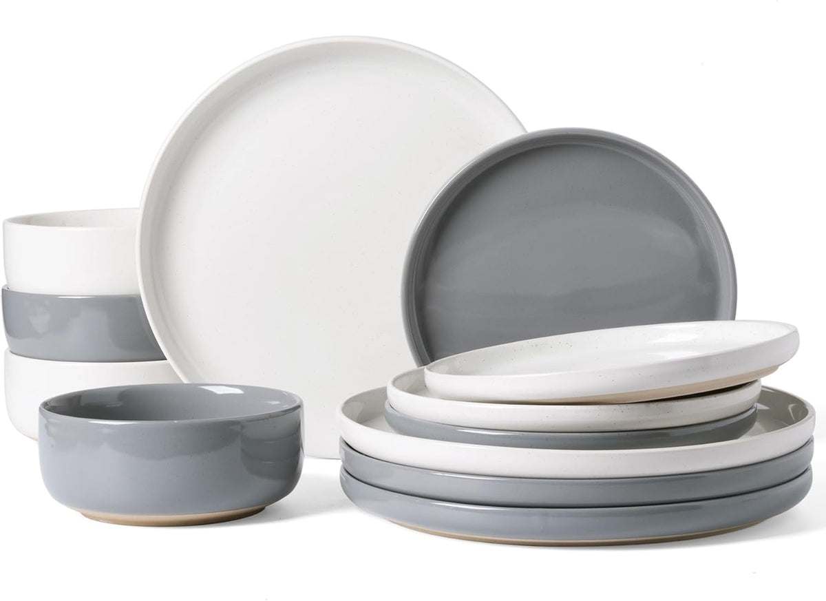 Famiware Milkyway Plates and Bowls Sets, 12 Pieces Stoneware Dinnerware Sets, Dishes Set for 4, White & Dark Gray