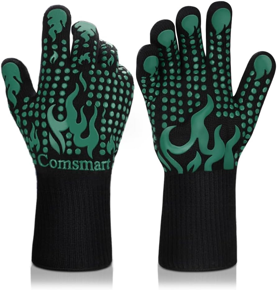 Comsmart BBQ Gloves, 1472°F Heat Resistant Grilling Gloves Silicone Non-Slip Oven Gloves Long Kitchen Gloves for Barbecue, Cooking, Baking, Short, Green