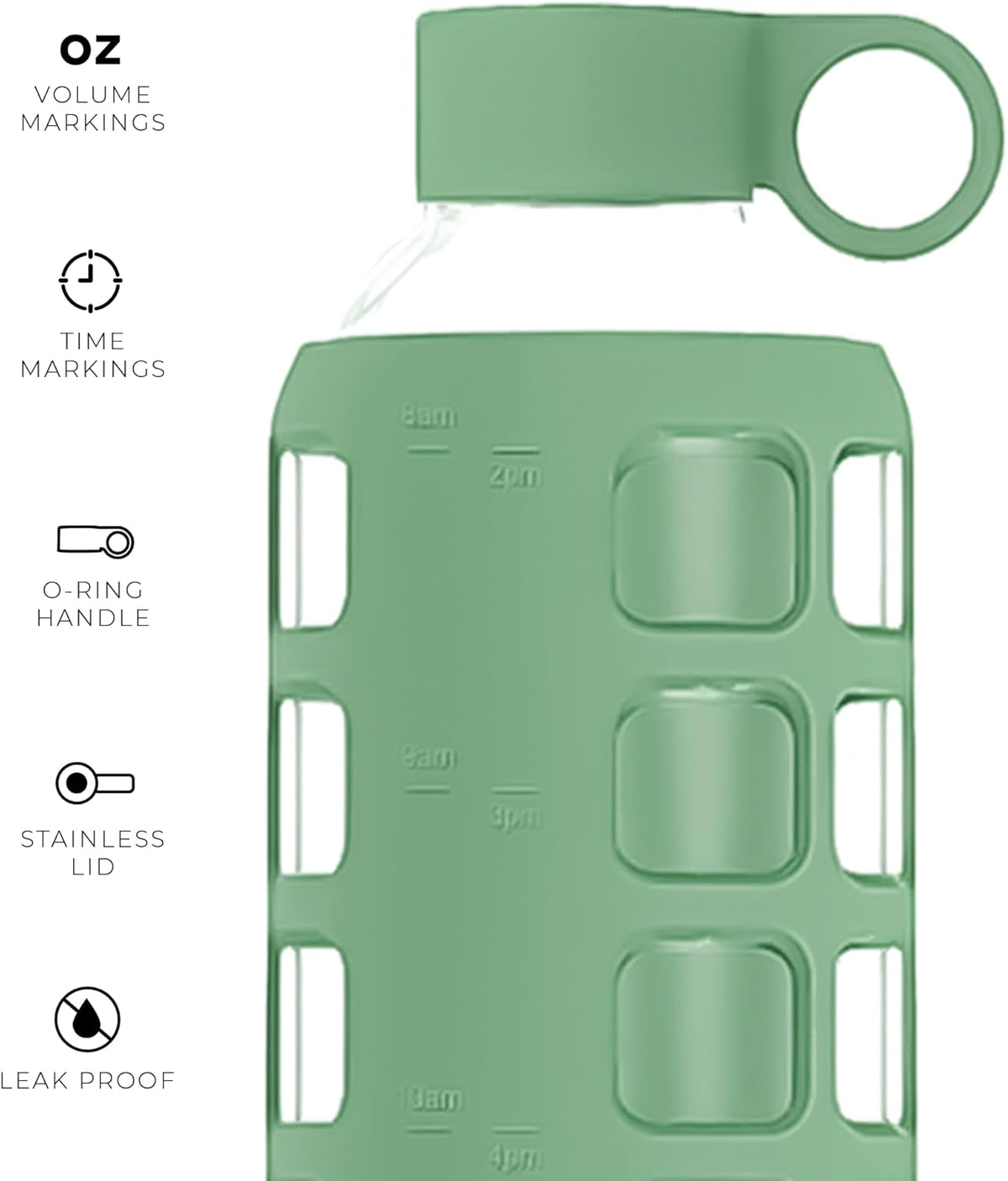 purifyou 40oz / 32oz / 22oz / 12oz Borosilicate Glass Water Bottle with Time & Volume Markers, Silicone Sleeve, Stainless Steel Lid – Reusable Glass Bottle for Water & Juice (32oz Shale Green)