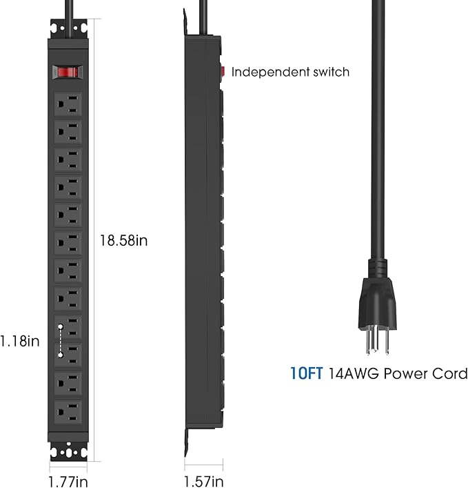 HHSOET Rotating Mountable Power Strip, 12 Outlet Wall Mount Surge Protector, Metal Heavy Duty and Versatile Outlet Strip, Stylish Appearance, Sturdy and Durable, 10ft Power Cord.(Black)