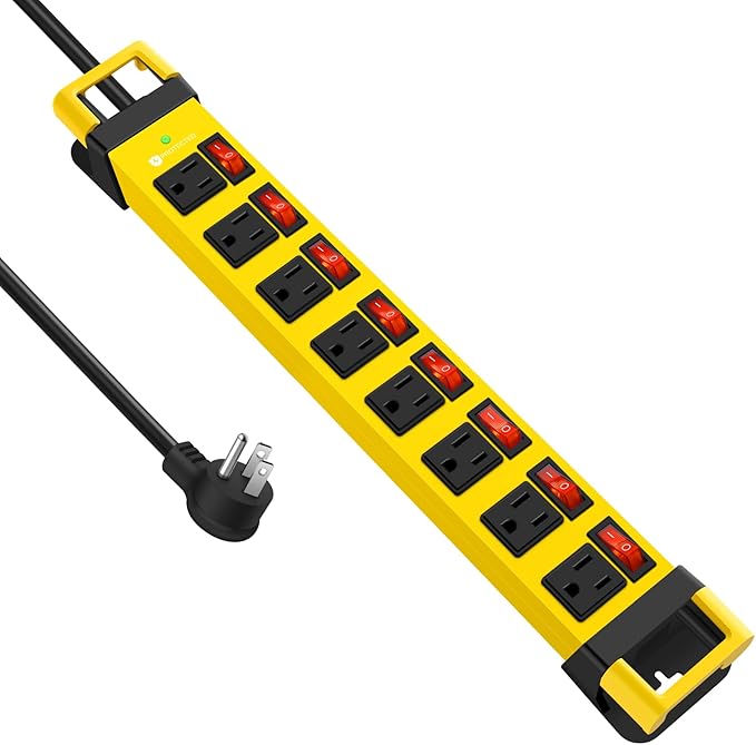 Heavy Duty Power Strip with Individual Switches,8 Outlets 14 Gauge Industrial Shop Garage Metal Multiple Outlets,1200J Surge Protector Mountable Power Strip,15FT Extension Cord Management (Yellow)