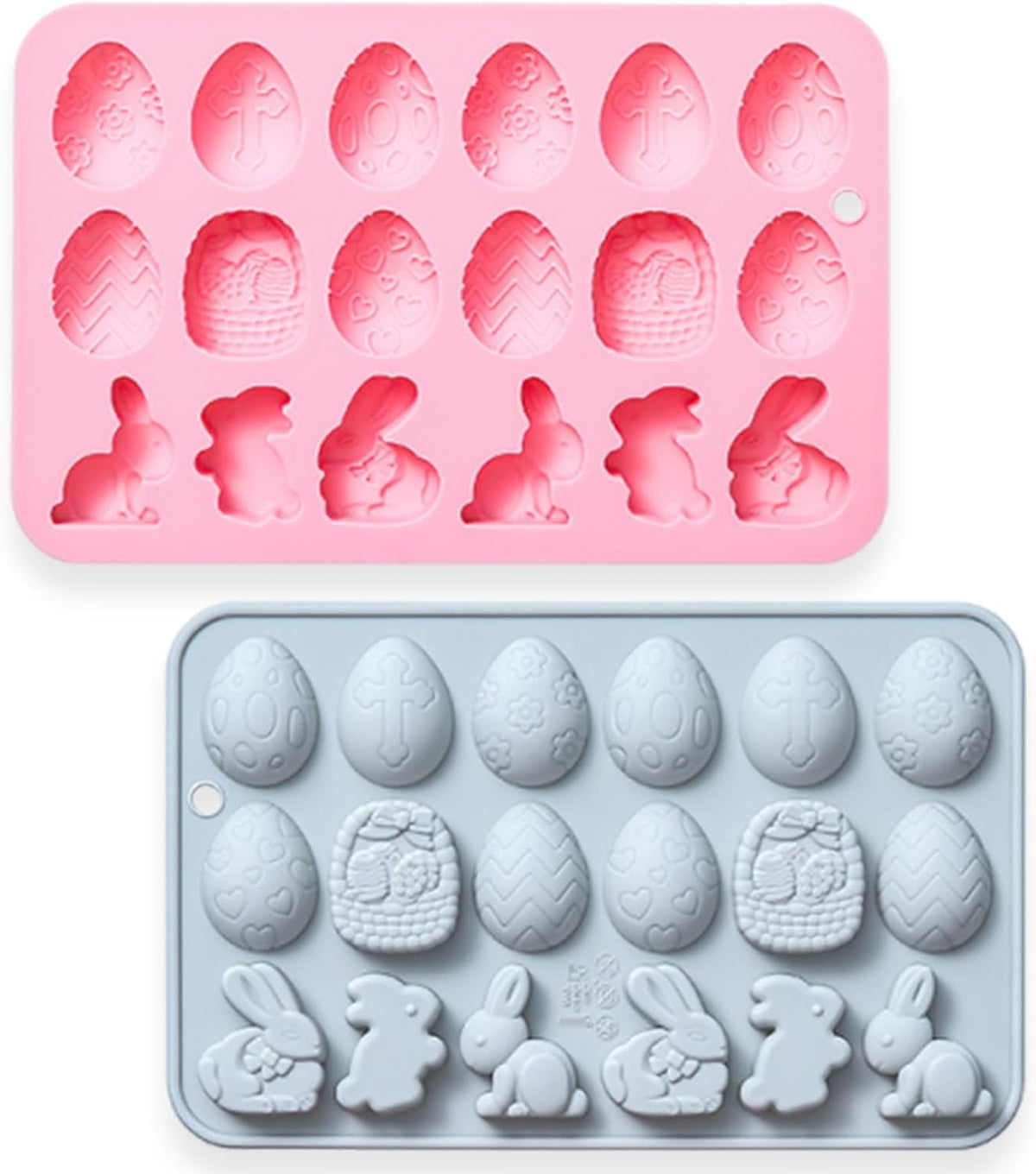 2 Pcs Egg Bunny Silicone Molds, 18-Cavity Baking Molds for DIY Cake Decoration,Chocolate, Pastry, Bread, Ice Cube, Soap, Jello, Easy Release, Reusable