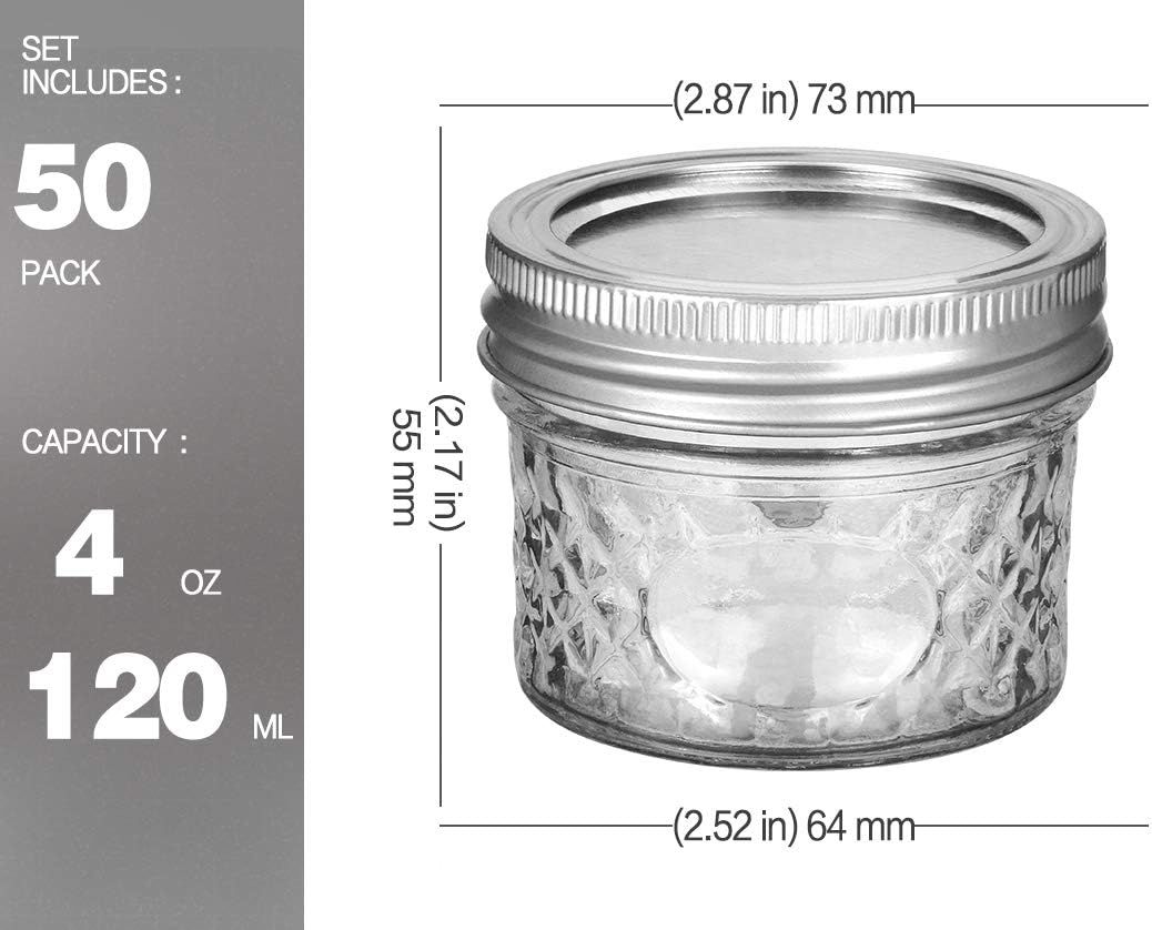 VERONES Mason Jars Canning Jars, 4 OZ Jelly Jars With Regular Lids and Bands, Ideal for Jam, Honey, Wedding Favors, Shower Favors, DIY Spice Jars, 50 PACK