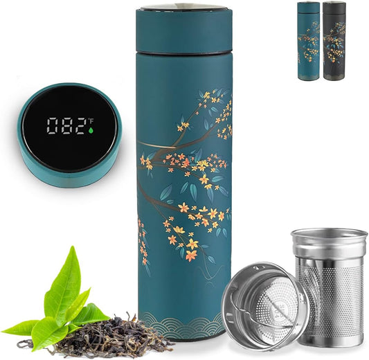 Farasi Tea Infuser for Loose Leaf Tea Smart Water Bottle with Fahrenheit Temperature Display, Stainless Steel Insulated Coffee and Fruit Tea Infuser Bottle - Green Floral Travel Tea Mug 15 oz