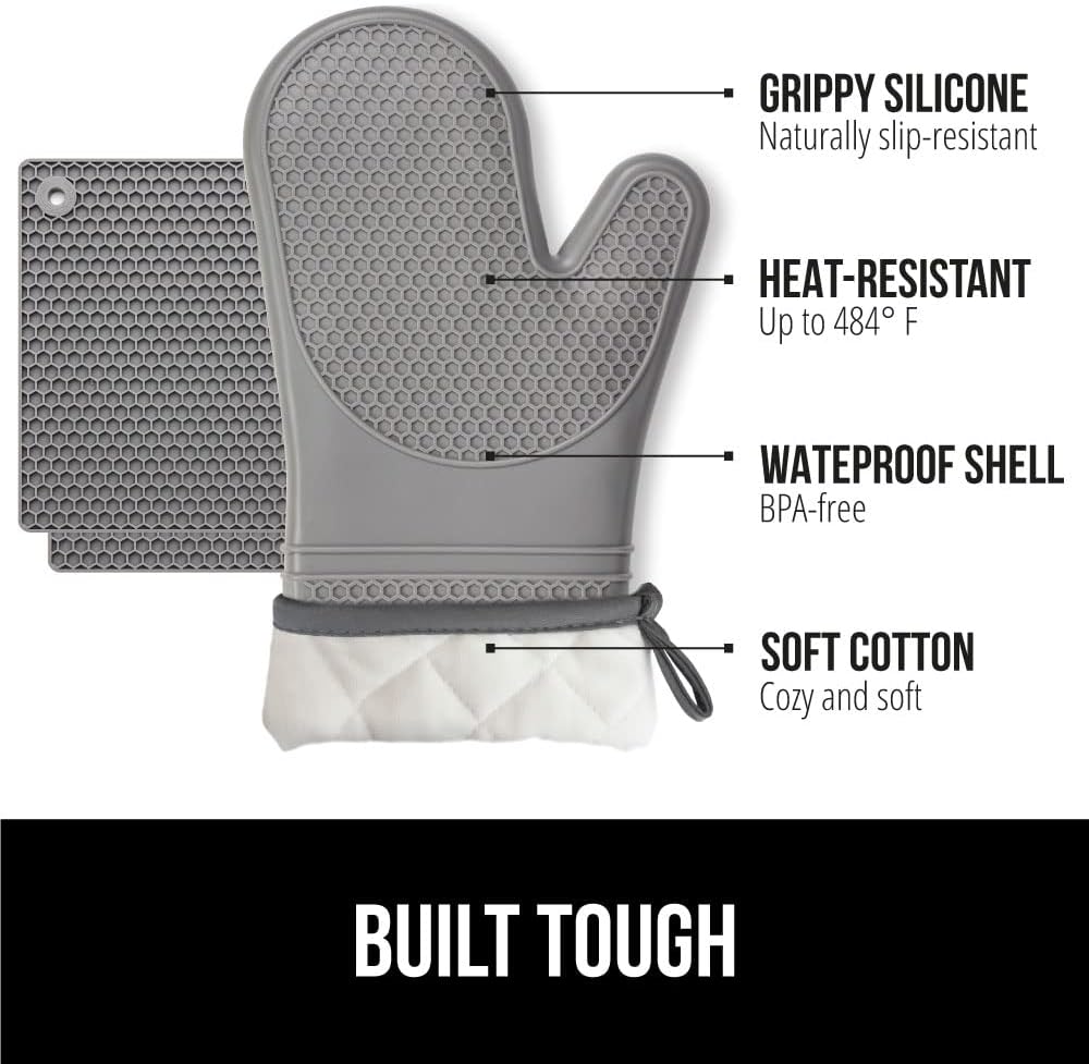 GORILLA GRIP BPA-Free Soft Silicone Oven Mitts and Pot Holders Sets of 4, Heat Resistant Waterproof Cooking Gloves, Thick Cotton Lining, Flexible Gripping for Baking Grilling, Kitchen Trivets, Gray