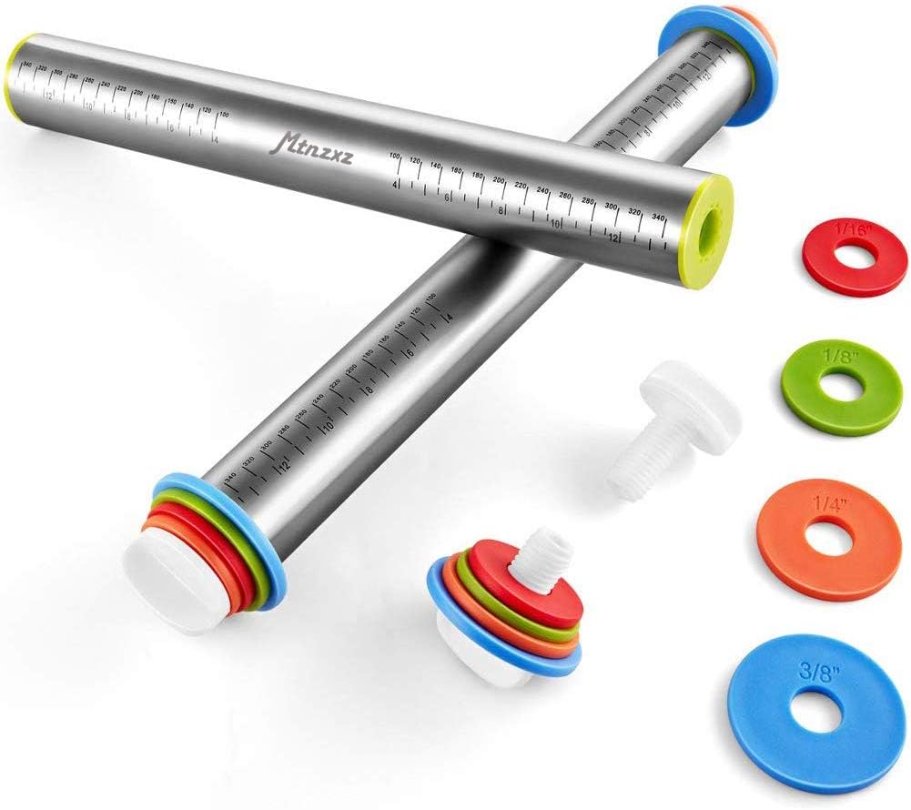 Rolling Pin and Silicone Baking Pastry Mat Set, Stainless Steel Dough Roller, Rolling Pins with Adjustable Thickness Rings, for Baking Fondant, Pizza, Pie, Pastries, Pasta, Cookies