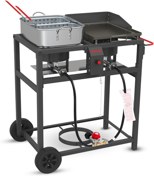 Outdoor Propane Deep Fryer and Griddle Combo, Portable 2-in-1 Cooking Station with Double Burner Propane Stove and Wheels, Ideal for Outdoor BBQ, Camping, and Tailgating