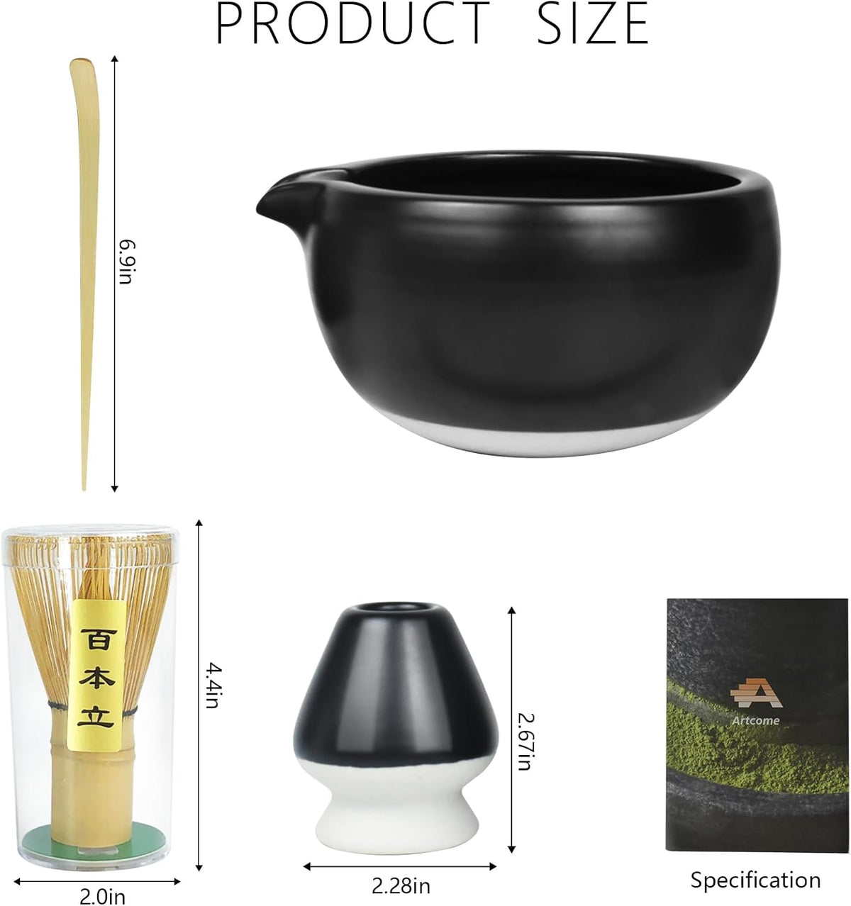 Artcome 4 Pcs Complete Matcha Ceremony Kit - Bowl With Pouring Spout, Whisk, Holder, Scoop - Japanese Tea Set for Making Usucha, Koicha and Latte (Black)