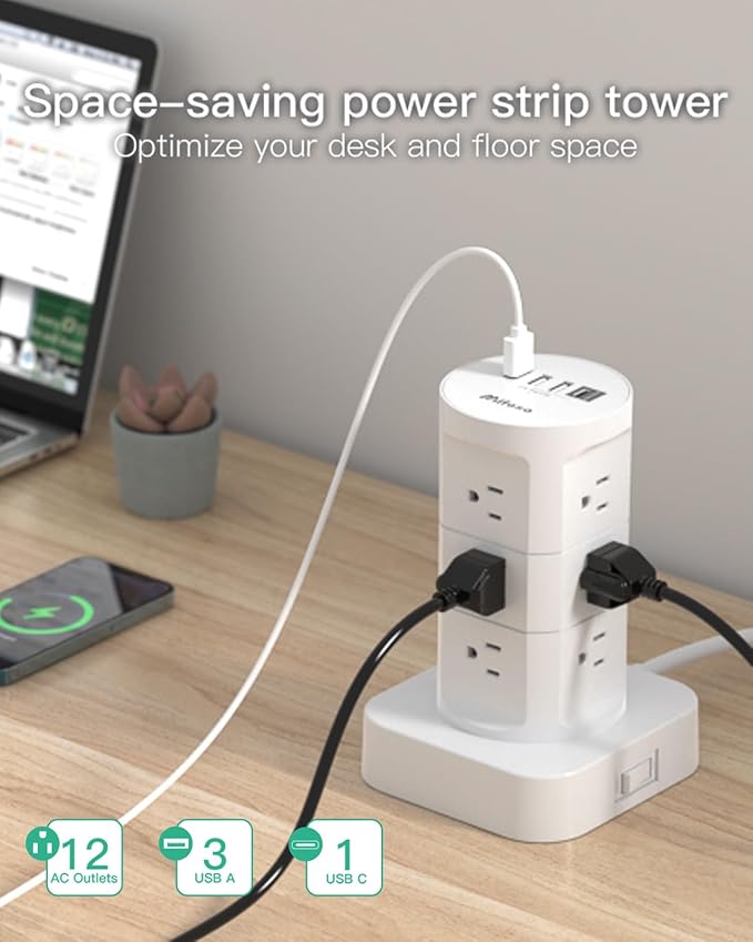 Tower Surge Protector Power Strip with 12 Outlets 4 USB (1 USB C), Mifaso Extension Cord with Multiple Outlets, 1800J Protection, Office Desk Supplies, Dorm Essentials