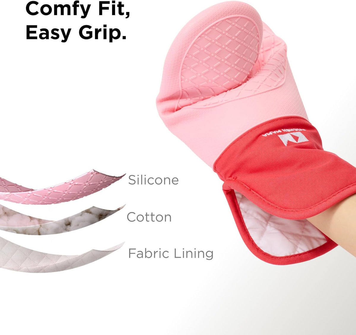 Kitchen Mama UltraShield Silicone Oven Mitts – Heat Resistant, Non-Slip Surface, Durable, Safe, Pot Holders, Flexible Waterproof Glove Set, Perfect for Cooking, Baking, Grilling, BBQ (Red)