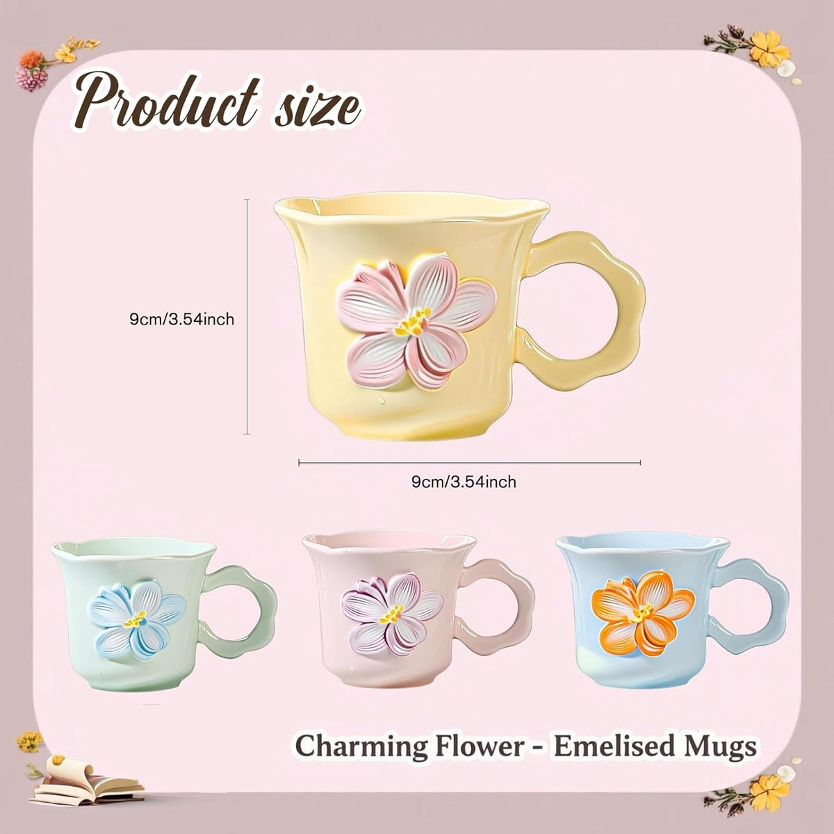Cute Floral Coffee Mug Set of 4-12oz Ceramic Flower Embossed Cups with Petal Handles, Dishwasher and Microwave Safe